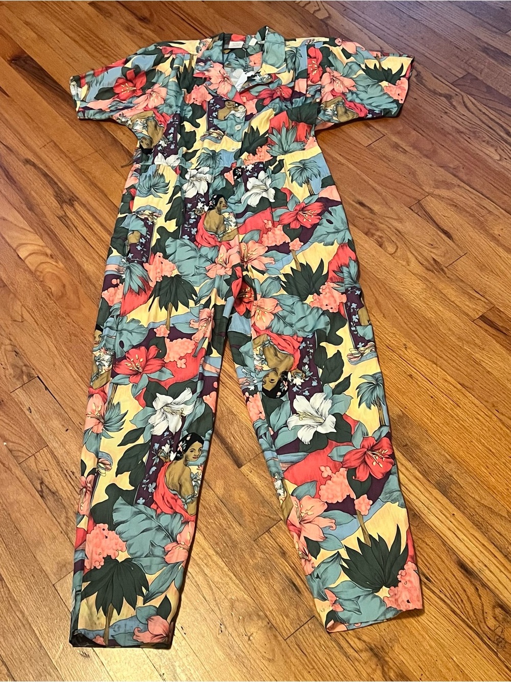 Vintage Tropical Floral Short-Sleeve Jumpsuit in Coral, Teal & Yellow